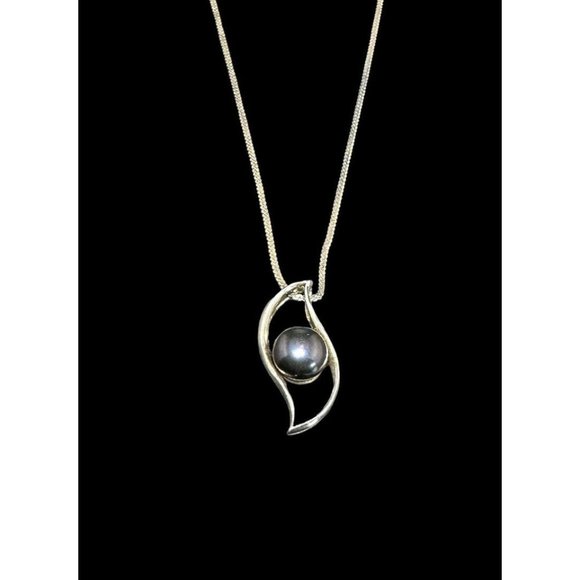 925 Sterling Silver Modernist Midnight Purple Pearl Pendant Chain Necklace - Picture 3 of 5